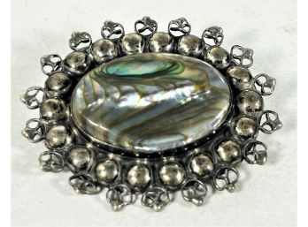 Vintage Mexican Sterling Silver Oval Brooch With Abalone Shell