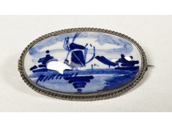 Vintage Sterling Silver & Delft Blue White Ceramic Brooch