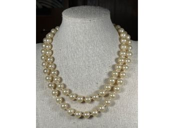 Gold Tone Large Green Stone Clasp Faux Pearl Double Strand Necklace Vintage 1960s