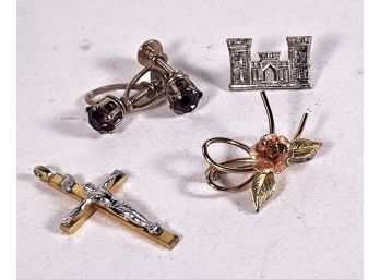 Small Lot Victorian Jewelry Castle Pin Gold Filled Cross Floral Pin Earrings