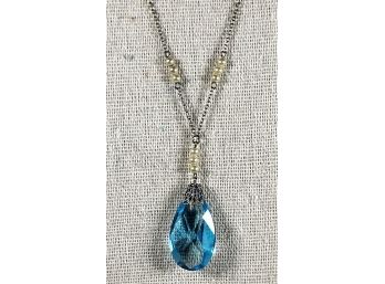 Antique 1920s Aqua Colored Pendant On Silver Chain Necklace