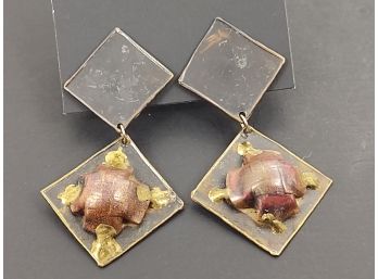 VINTAGE MID CENTURY BRUTALIST BRASS & COPPER MIXED METALS CLIP EARRINGS