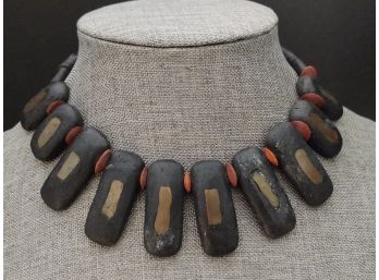 VINTAGE MID CENTURY COPPER INLAID POTTERY BEADS BIB NECKLACE