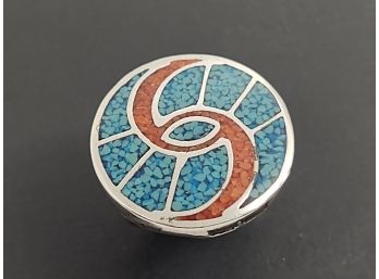 VINTAGE MID CENTURY STERLING SILVER CRUSHED MOSAIC TURQUOISE & CORAL RING SIZE 6 1/2