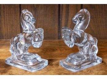 Mid-Century Crystal  Rearing Horses Clear Bookends - A Pair