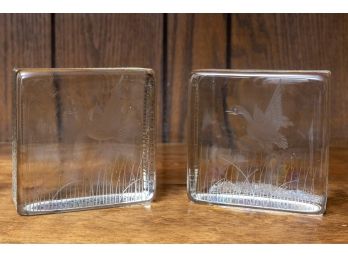 Mid-century Etched Duck 'Water' Cube Bookends,