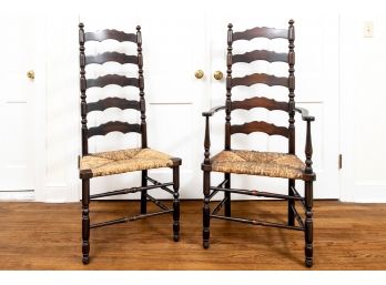 Mid-20th Century Walnut Ladder Back Chairs With Rush Seats, A Pair