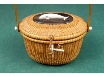 Authentic Vintage Handmade Nantucket Basket With Carved Whale Detail