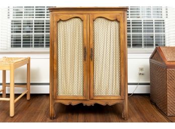 Vintage French Country Armoire With Metal Fretwork Paneled Doors