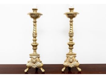 Pair Of Brass Candlesticks With Lion Motifs