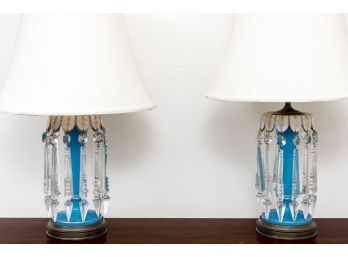 Pair Of Crystal Pendent Lamps With Blue Painted Bases And Brass Base Painted Glass Scalloped Fringe- Diane Studio