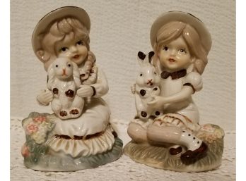 Vintage Porcelain Figurines Victorian Sisters And Their Pet Bunny And Puppy.