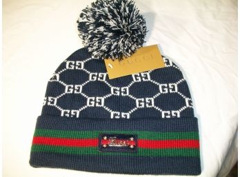 New Gucci STYLE Ski/Winter Hat Blue And White With Green/Red Stripe