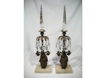 Pair Of Brass Victorian Girondoles  With White Marble Bases And Tall Finials