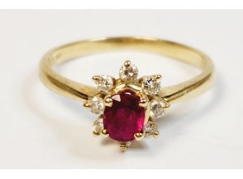 Vintage 14k Yellow Gold Diamonds And Red Stone Ring