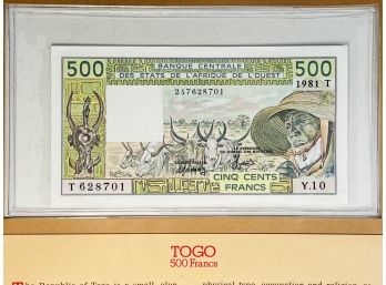 Togo - 500 Frances Uncirculated Foreign Paper Money Sealed With Info/ History Card