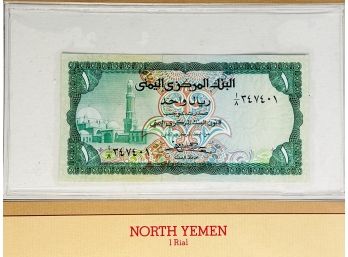 North Yemen  - 1 Rial Uncirculated Foreign Paper Money Sealed With Info/ History Card