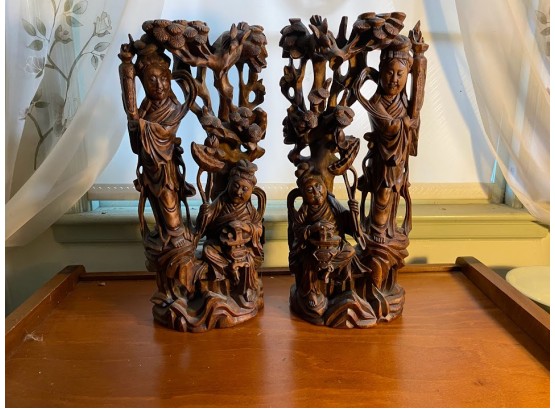 Set Of 2 Antique Rosewood Chinese Statues
