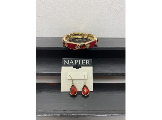 Napier Red Earrings And Stretch Bracelet