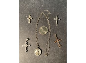 Collection Of Sterling Silver Religious Crucifix And Medal Pendant Charms