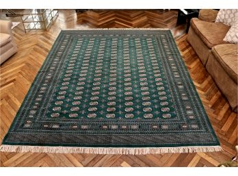 Winter Green Area Rug With Hand Knotted Fringes