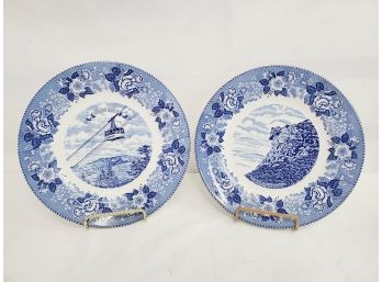 Vintage Blue Transferware Staffordshire Travel Collectible Plates-Aerial Tramway & Old Man Of The Mountains