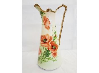 Antique Rudolstadt Prussian Handled 10.75' Porcelain Pitcher Vase With Hand Painted Red/Orange Poppies