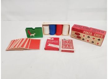 Vintage Arrco Poker Chips, Assorted Playing Cards & Plastic Bridge Holder