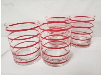 Four Vintage Clear & Red Striped Highball Rocks Glasses
