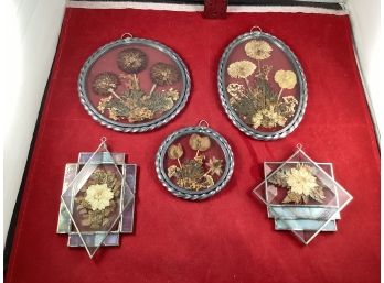Group Of 5 Vintage Suncatchers Dried Pressed Flowers Stained Glass Lead Frames Good Overall Condition