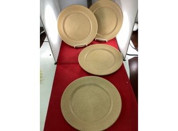 Set Of 4 Emerson Creek Pottery Sand Color Dinner Plates 2012 Made In Bedford, VA Good Overall Condition