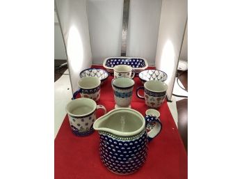 Large Vintage Group Of 10 Pieces Of Polish Pottery Boleslwiec A. Gruszecka Hand Made In Poland Good Condition