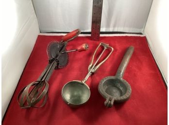 Antique Collection Of Kitchen Items Mixer Beater Ice Cream Scoop Large Press Good Vintage Condition