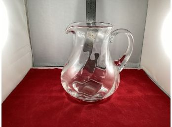 Vintage Heavy Base Clear Art Glass Water Tea Pitcher Marked With A Crown Good Overall Condition