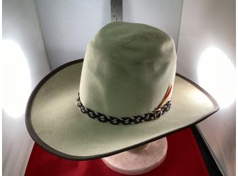 Vintage John B. Stetson 4x Beaver Cowboy Hat Feather Band Tan And Brown Size 7 Needs To Be Cleaned And Steamed