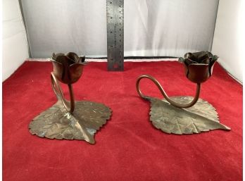 Vintage Pair Of Arts And Crafts Copper And Brass Flower Candlestick Holders Brass Leaf Base Great Patina