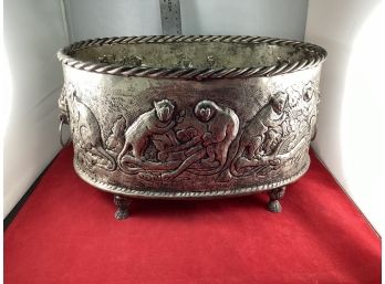 Vintage 1960s Castilian Imports Handcrafted Solid Brass Repousse Monkey Cache Pot Planter Silver Plated India