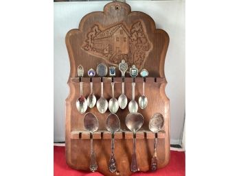 Vintage Souvenir Spoon Rack With 11 Spoons From Different Places Good Overall Condition