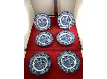 Set Of 6 Vintage Liberty Blue Monticello Dessert Plates Staffordshire Ironstone Made In England Good Condition