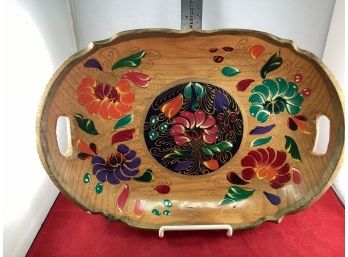 Beautiful Hand Carved And Hand Painted Wood Serving Tray Basket Made Outtof 1 Piece Of Wood Good Condition