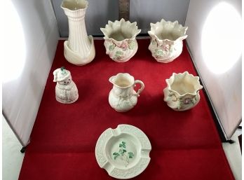 Large Group Of 7 Pieces Of Belleek Ireland Vase Pots Creamer Ashtray Ornament Good Overall Condition