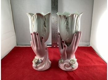 A Beautiful Pair Of Vintage Thames Hand Painted Womans Hands Vase Made In Japan Good Overall Condition
