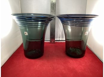 A Vintage Pair Of Blenko Glass Green Glass Vases With Applied Blue Swirl Handmade Original Tags Like New