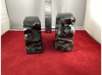 Vintage Pair Of Paul Strauch Face Sculptures Bookends Old Man Face Signed Dated 1994 Good Condition