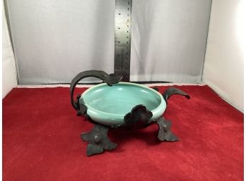 Very Unique Vintage Hand Hammered Solid Brass And Porcelain Candy Dish Bowl Great Patina Good Condition