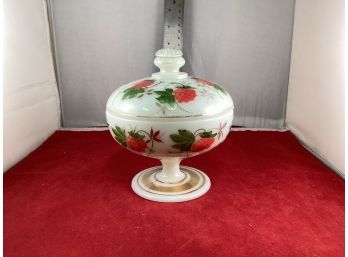 Vintage Hand Painted Milk Glass Covered Candy Dish With Applied Leaf On The Handle Raspberry Pattern Nice
