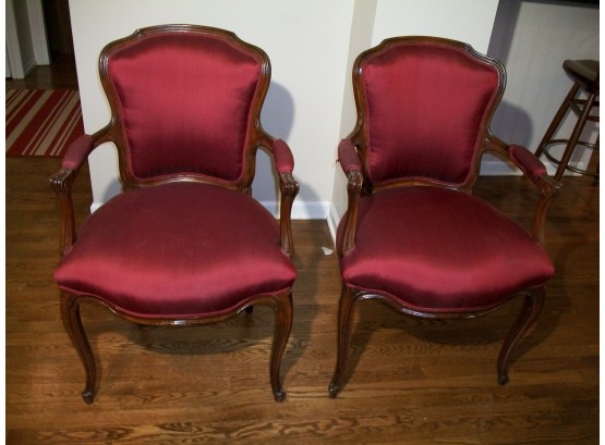 Good Looking Pair Of French Style Armchairs With Burgundy Satin Upholstery