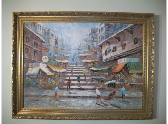 Tang Ping/Listed Artist - Oil On Canvas  'Outdoor Market' In Nice Gilt Frame