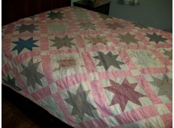 Beautiful Vintage / Antique Old Pink Quilt With Star Pattern
