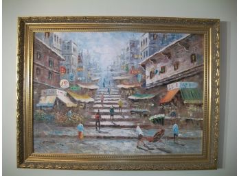 Tang Ping/Listed Artist - Oil On Canvas  'Outdoor Market' In Nice Gilt Frame